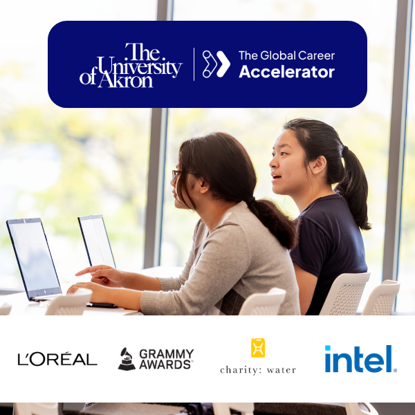 Image of 2 students with laptops and The UAkron Global Career Accelerator logo and major companies students can work with.